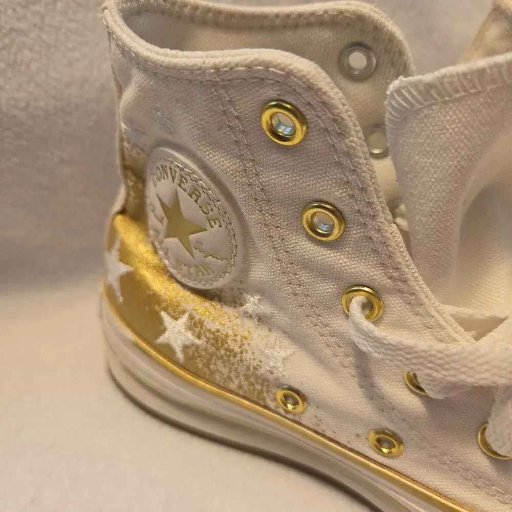 Converse High-Top All Star Sneaker Shoes, White Gold Star Platform Youth Size 1